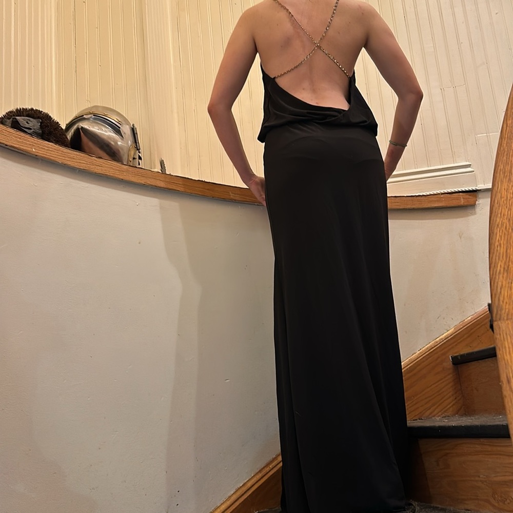 Sz M Black full length dress. Gold chain strap with crystal accents, side slit. - Picture 3 of 7